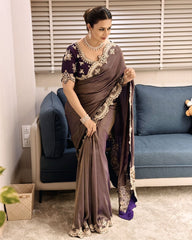 Grey-Purple Satin Saree with Ivory Embroidery & Contrast Blouse AllTreandy