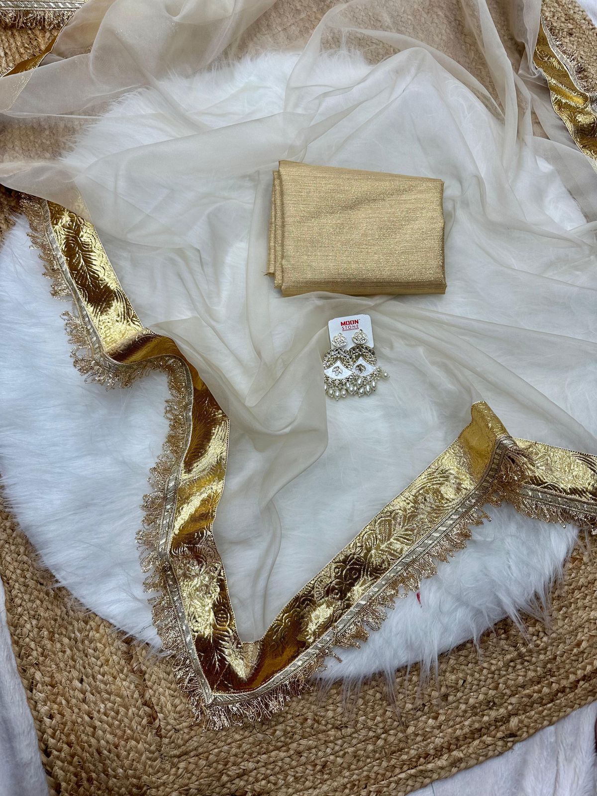 White Organza Saree with Metallic Golden Border AllTreandy
