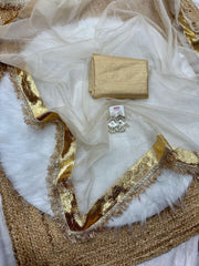 White Organza Saree with Metallic Golden Border AllTreandy