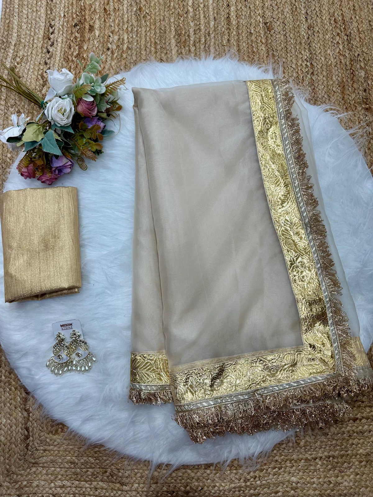 White Organza Saree with Metallic Golden Border AllTreandy