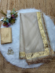 White Organza Saree with Metallic Golden Border AllTreandy