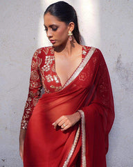 Maroon Georgette Saree with Golden Embroidered Blouse AllTreandy