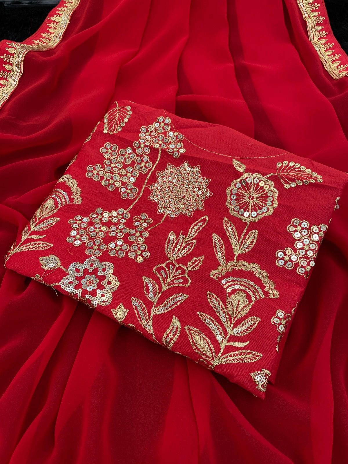 Maroon Georgette Saree with Golden Embroidered Blouse AllTreandy