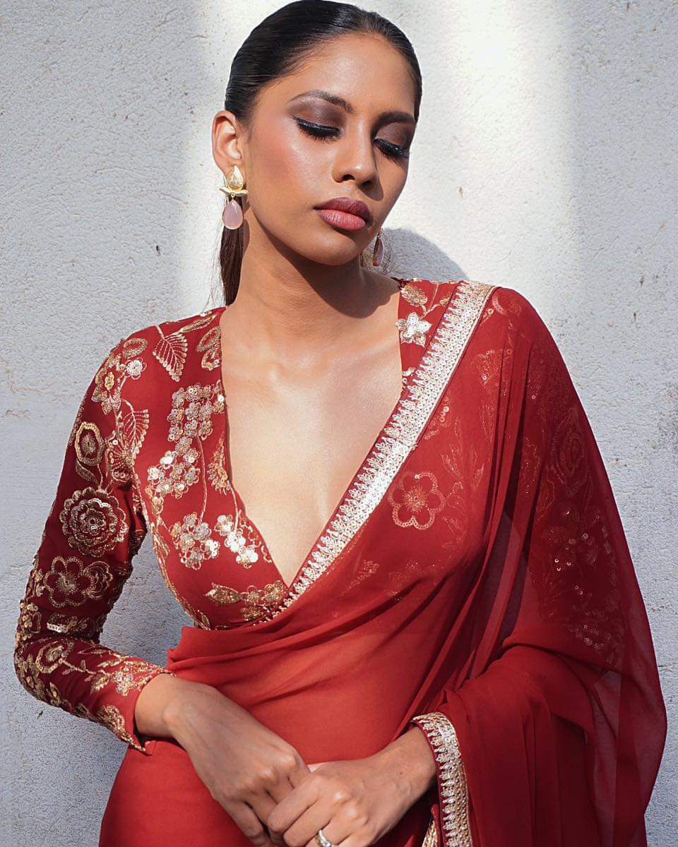 Maroon Georgette Saree with Golden Embroidered Blouse AllTreandy