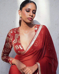 Maroon Georgette Saree with Golden Embroidered Blouse AllTreandy