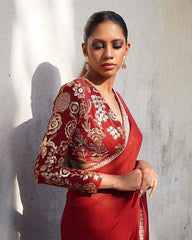 Maroon Georgette Saree with Golden Embroidered Blouse AllTreandy