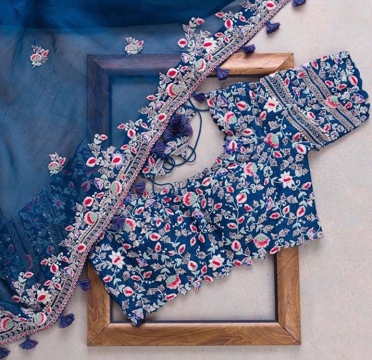 Navy Blue Georgette Saree with Pink & Silver Embroidery Work AllTreandy