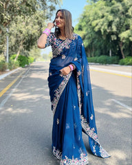 Navy Blue Georgette Saree with Pink & Silver Embroidery Work AllTreandy