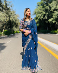 Navy Blue Georgette Saree with Pink & Silver Embroidery Work AllTreandy