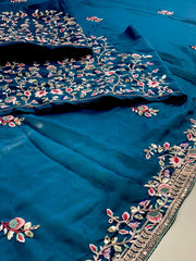 Navy Blue Georgette Saree with Pink & Silver Embroidery Work AllTreandy