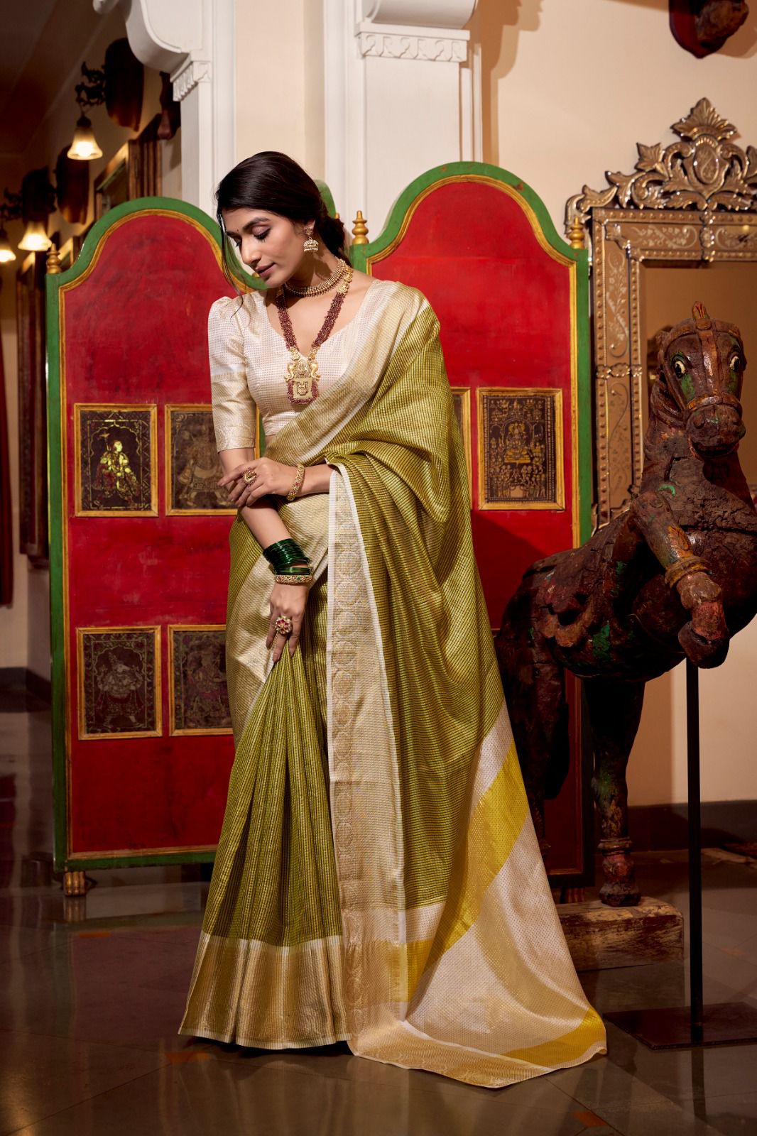 Olive Green & Off-White Kanjivaram Silk Saree with Zari Border AllTreandy