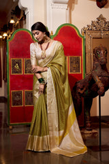 Olive Green & Off-White Kanjivaram Silk Saree with Zari Border AllTreandy