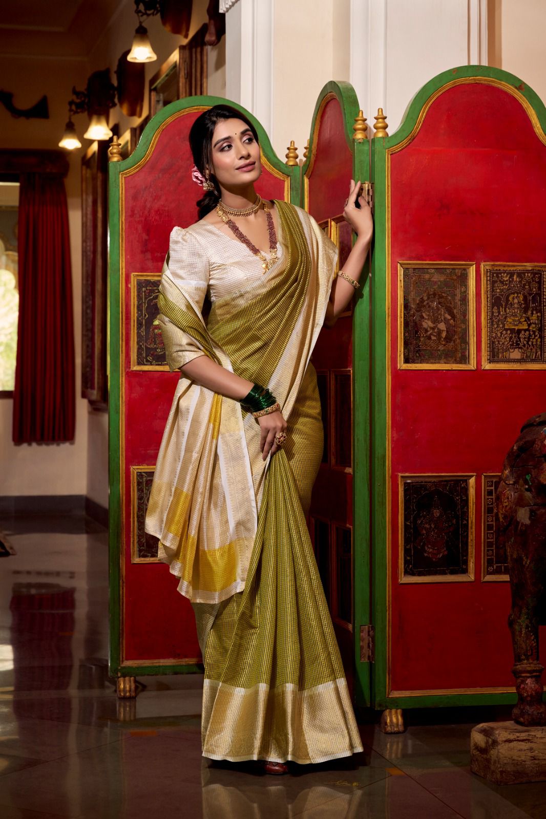 Olive Green & Off-White Kanjivaram Silk Saree with Zari Border AllTreandy