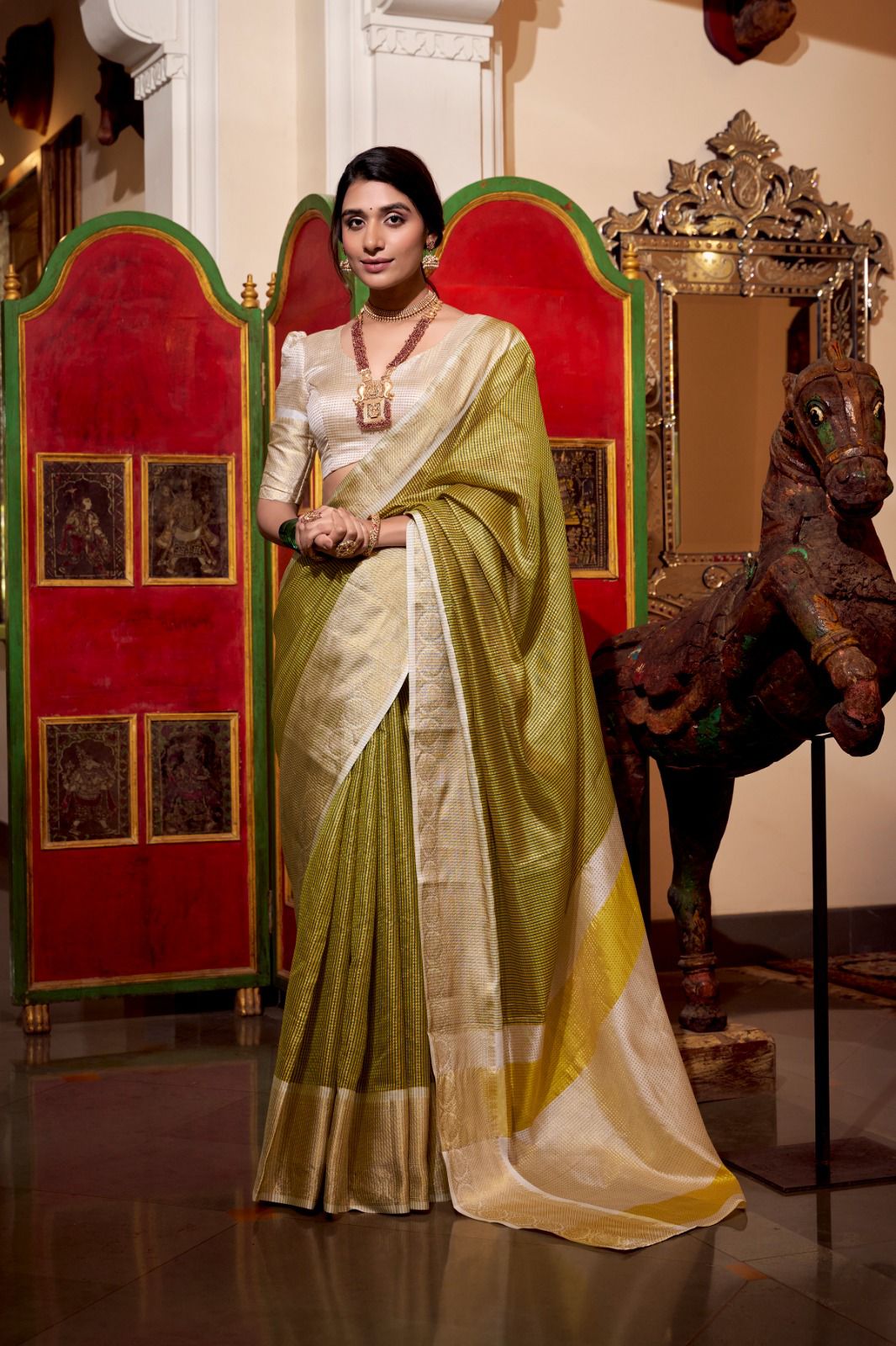 Olive Green & Off-White Kanjivaram Silk Saree with Zari Border AllTreandy