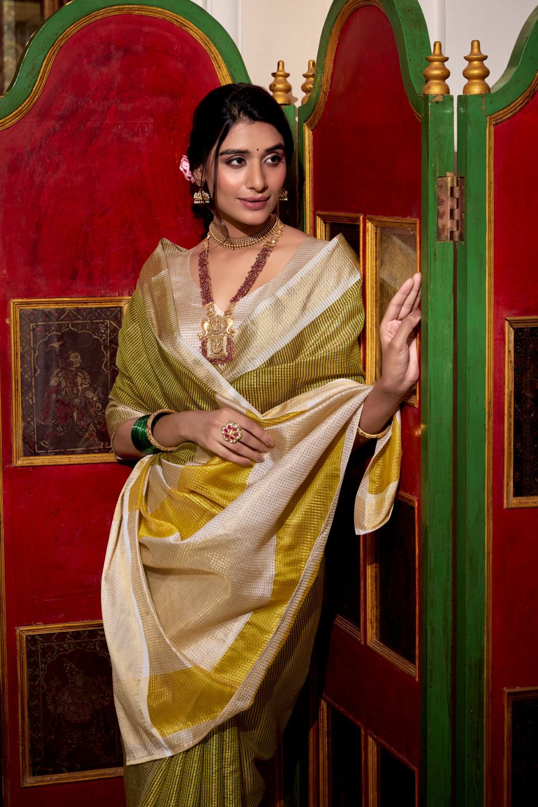 Olive Green & Off-White Kanjivaram Silk Saree with Zari Border AllTreandy