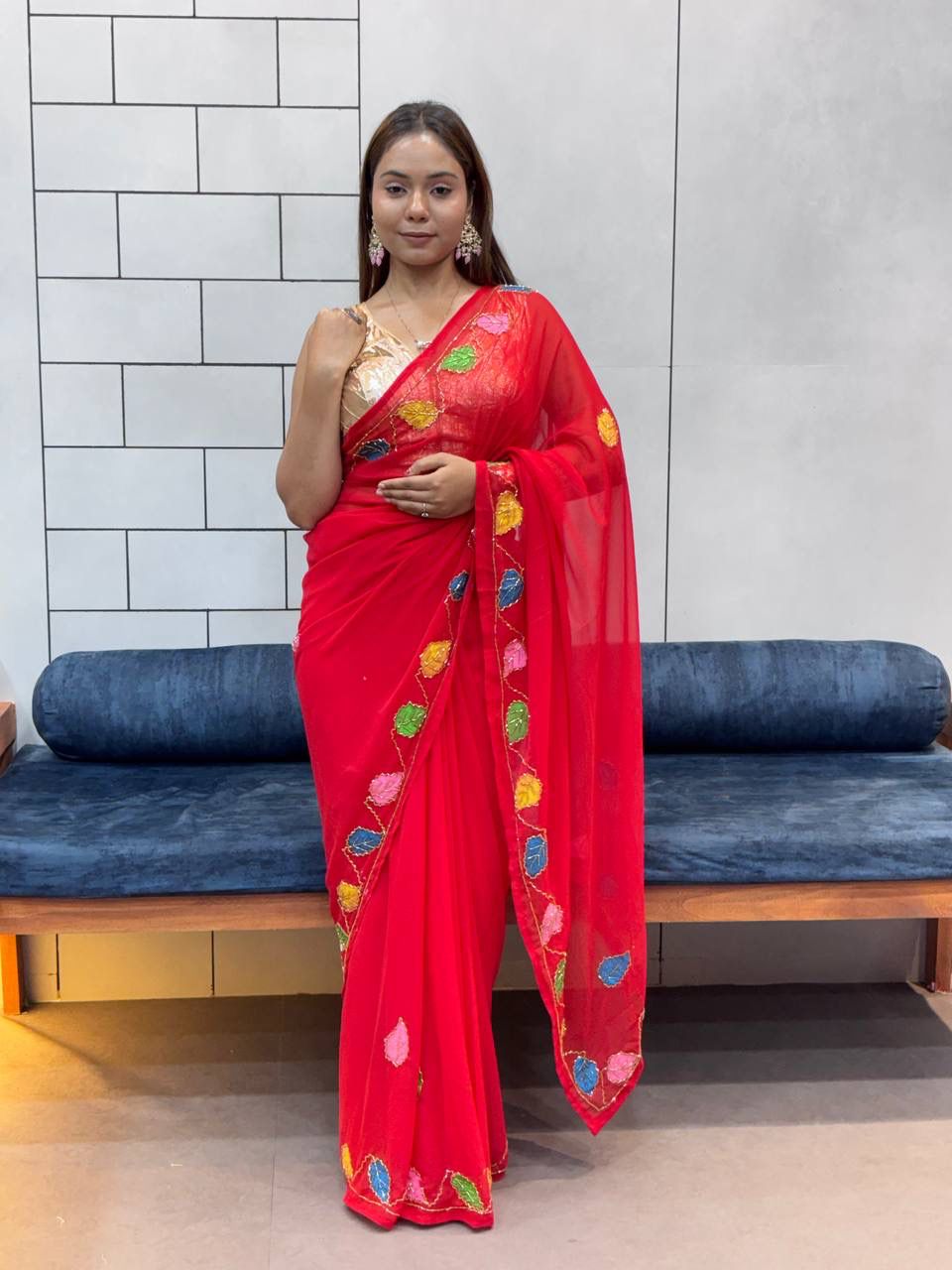Red Organza Saree with Multicolor Leaf Embroidery & Blouse AllTreandy