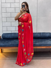 Red Organza Saree with Multicolor Leaf Embroidery & Blouse AllTreandy