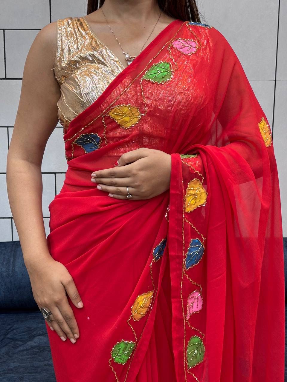 Red Organza Saree with Multicolor Leaf Embroidery & Blouse AllTreandy