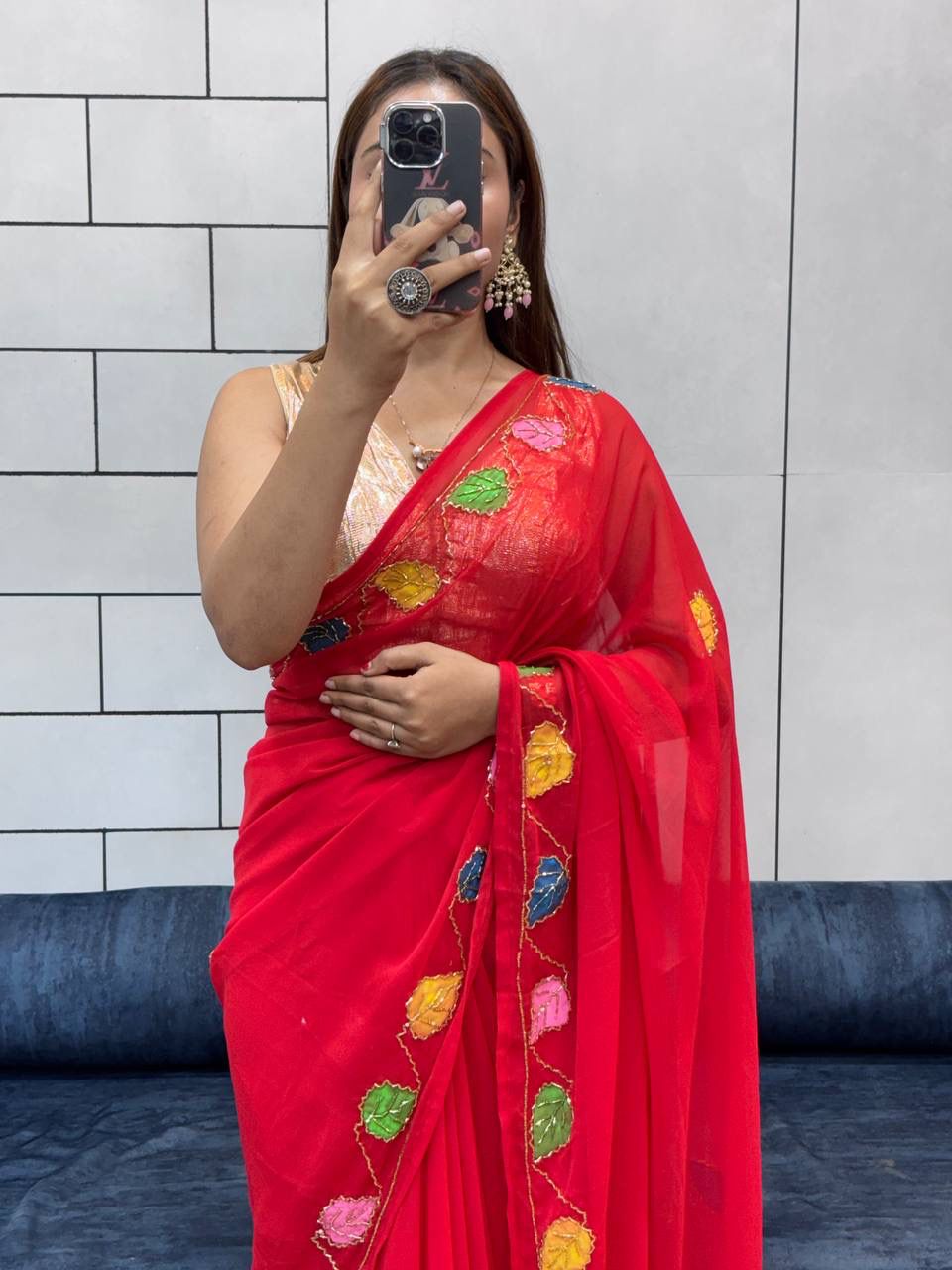 Red Organza Saree with Multicolor Leaf Embroidery & Blouse AllTreandy