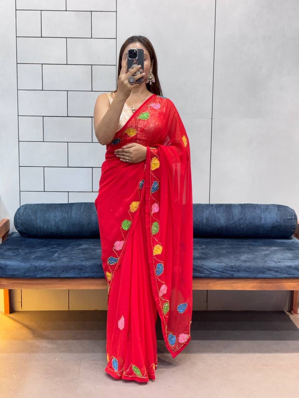 Red Organza Saree with Multicolor Leaf Embroidery & Blouse AllTreandy