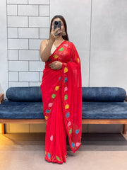 Red Organza Saree with Multicolor Leaf Embroidery & Blouse AllTreandy