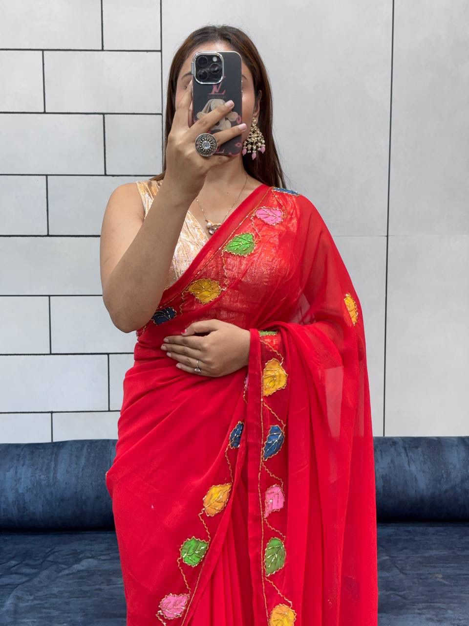 Red Organza Saree with Multicolor Leaf Embroidery & Blouse AllTreandy