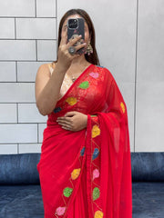 Red Organza Saree with Multicolor Leaf Embroidery & Blouse AllTreandy