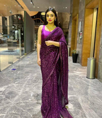Purple Sequin Georgette Saree with Matching Blouse AllTreandy