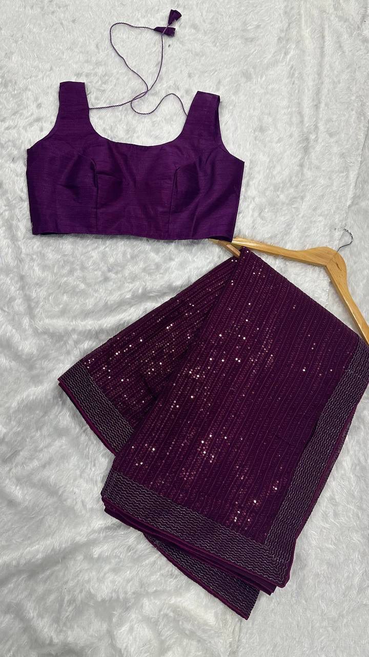 Purple Sequin Georgette Saree with Matching Blouse AllTreandy