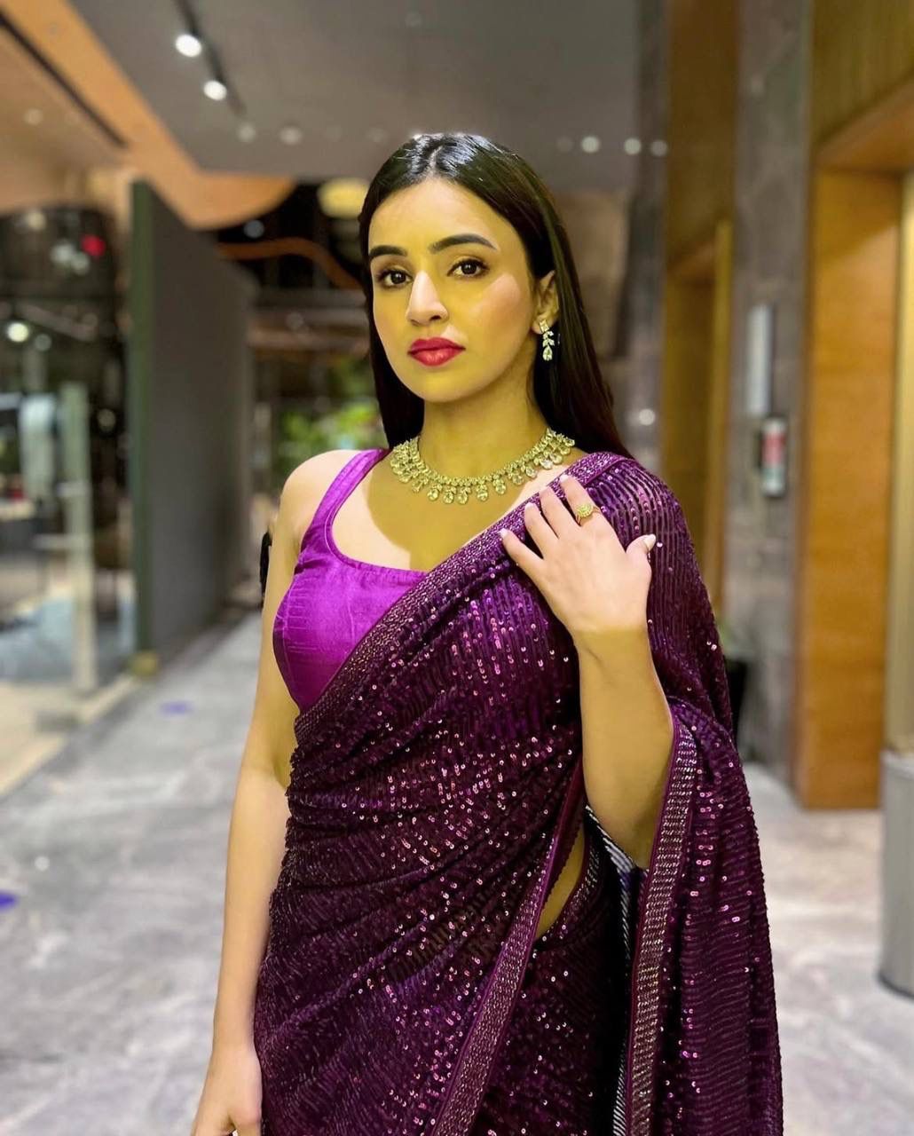 Purple Sequin Georgette Saree with Matching Blouse AllTreandy