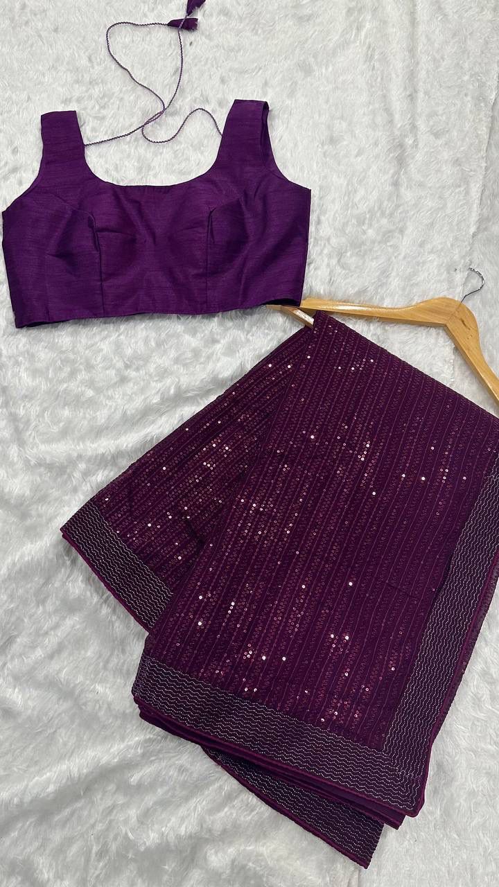 Purple Sequin Georgette Saree with Matching Blouse AllTreandy