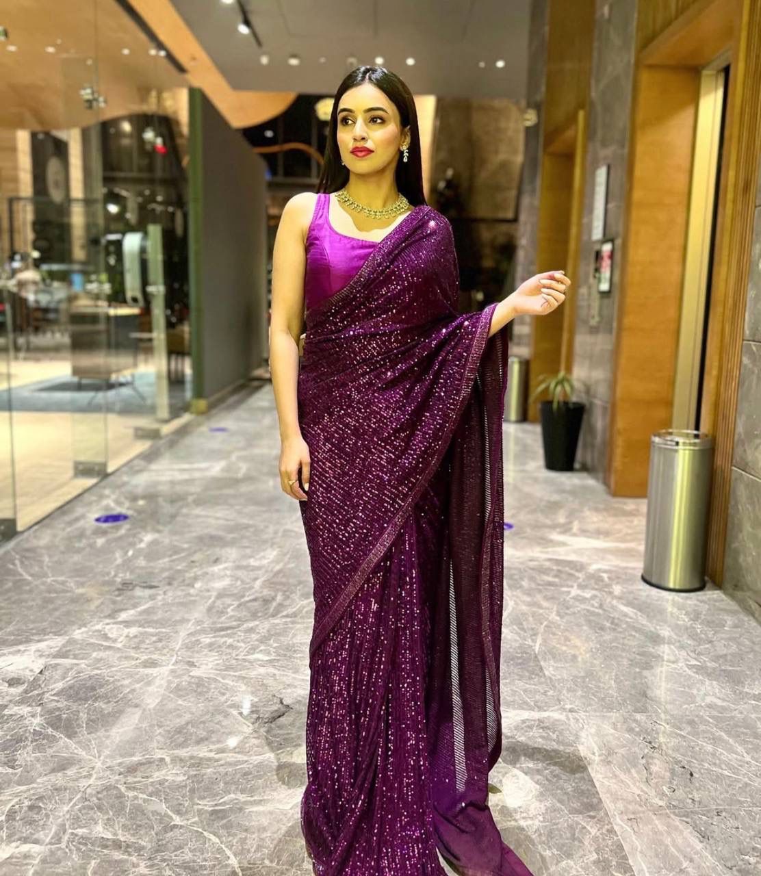 Purple Sequin Georgette Saree with Matching Blouse AllTreandy
