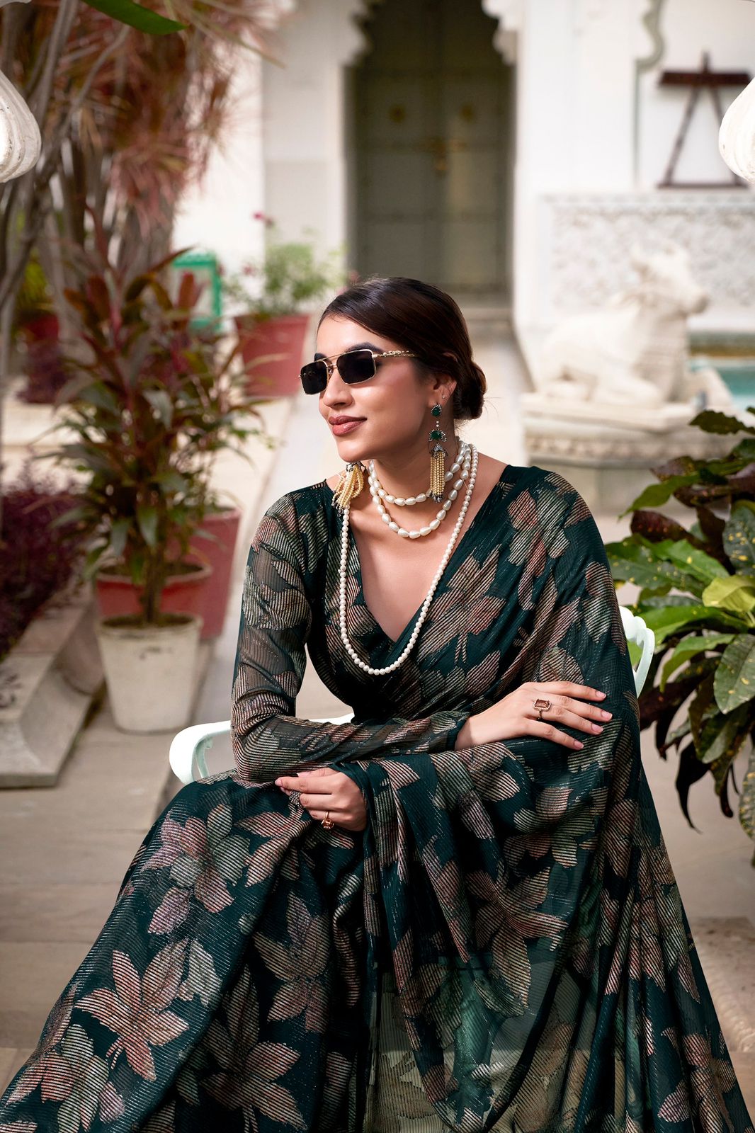 Navy Blue Faux Georgette Saree with Leaf Print & Stitched Blouse AllTreandy