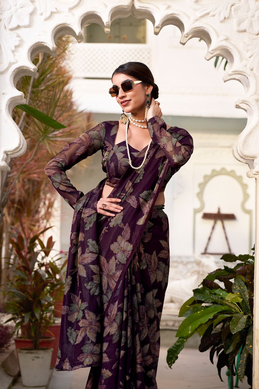 Navy Blue Faux Georgette Saree with Leaf Print & Stitched Blouse AllTreandy