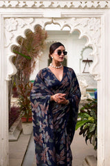 Navy Blue Faux Georgette Saree with Leaf Print & Stitched Blouse AllTreandy