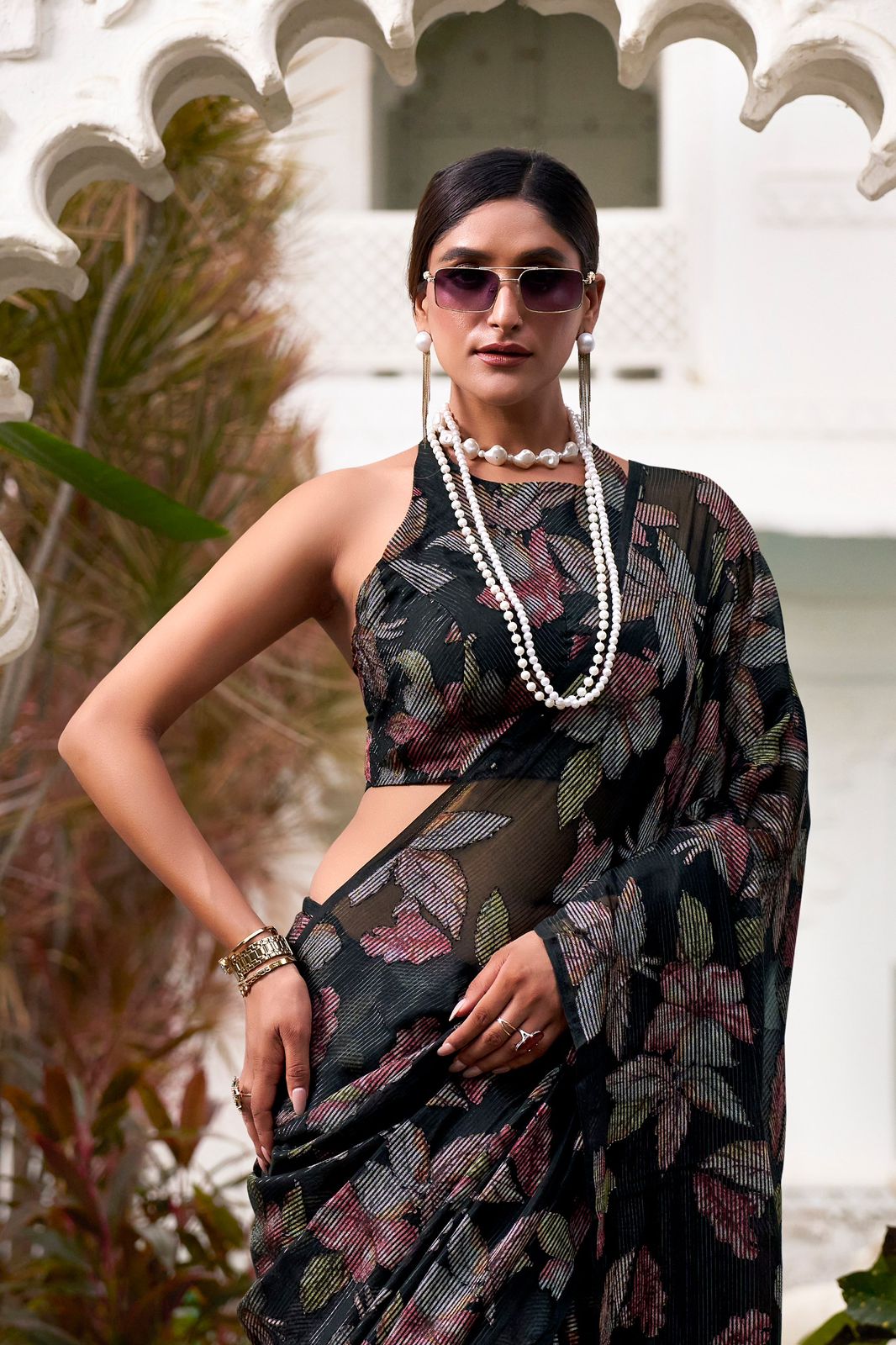 Navy Blue Faux Georgette Saree with Leaf Print & Stitched Blouse AllTreandy