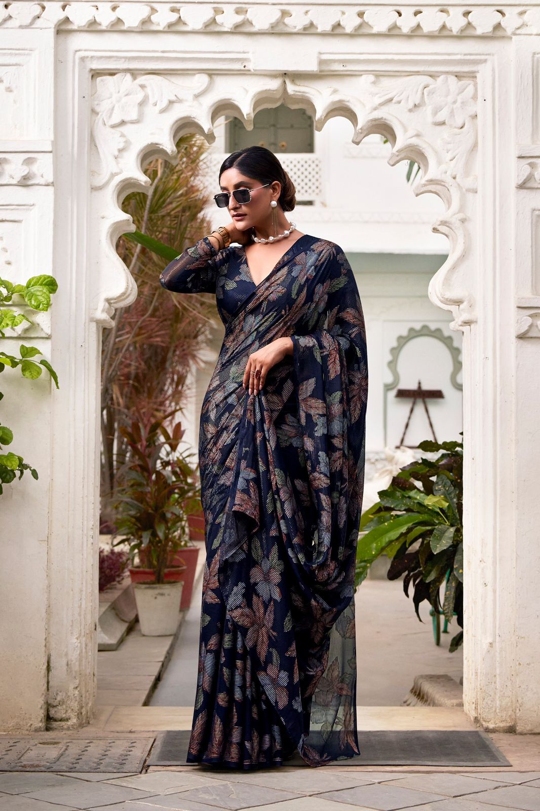 Navy Blue Faux Georgette Saree with Leaf Print & Stitched Blouse AllTreandy