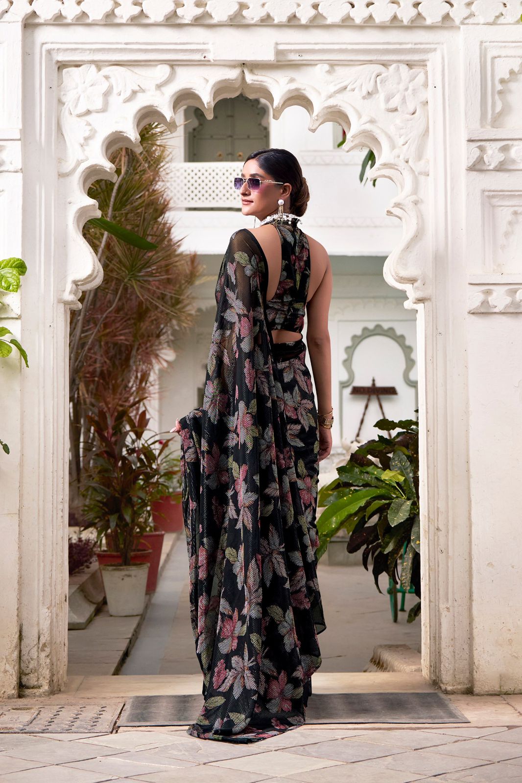 Navy Blue Faux Georgette Saree with Leaf Print & Stitched Blouse AllTreandy