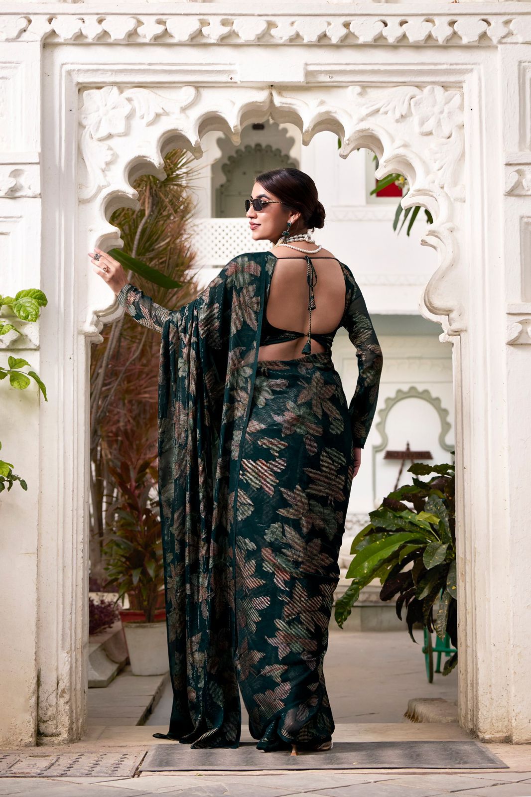 Navy Blue Faux Georgette Saree with Leaf Print & Stitched Blouse AllTreandy