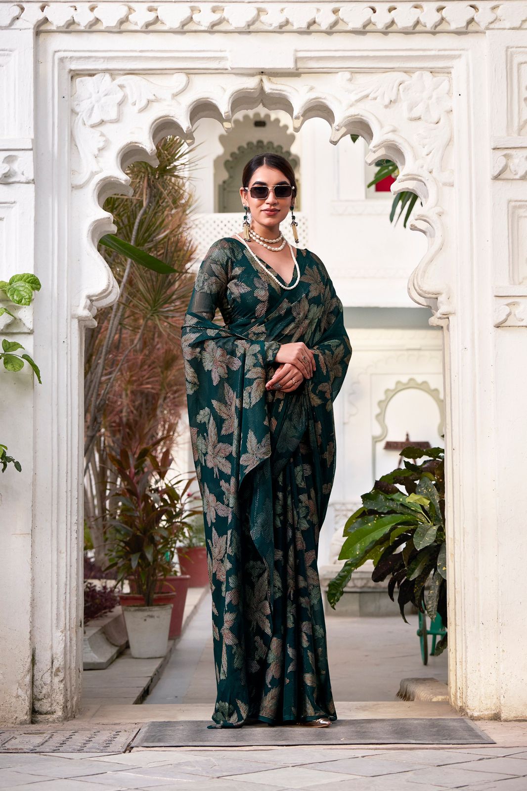 Navy Blue Faux Georgette Saree with Leaf Print & Stitched Blouse AllTreandy