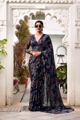 Navy Blue Faux Georgette Saree with Leaf Print & Stitched Blouse AllTreandy