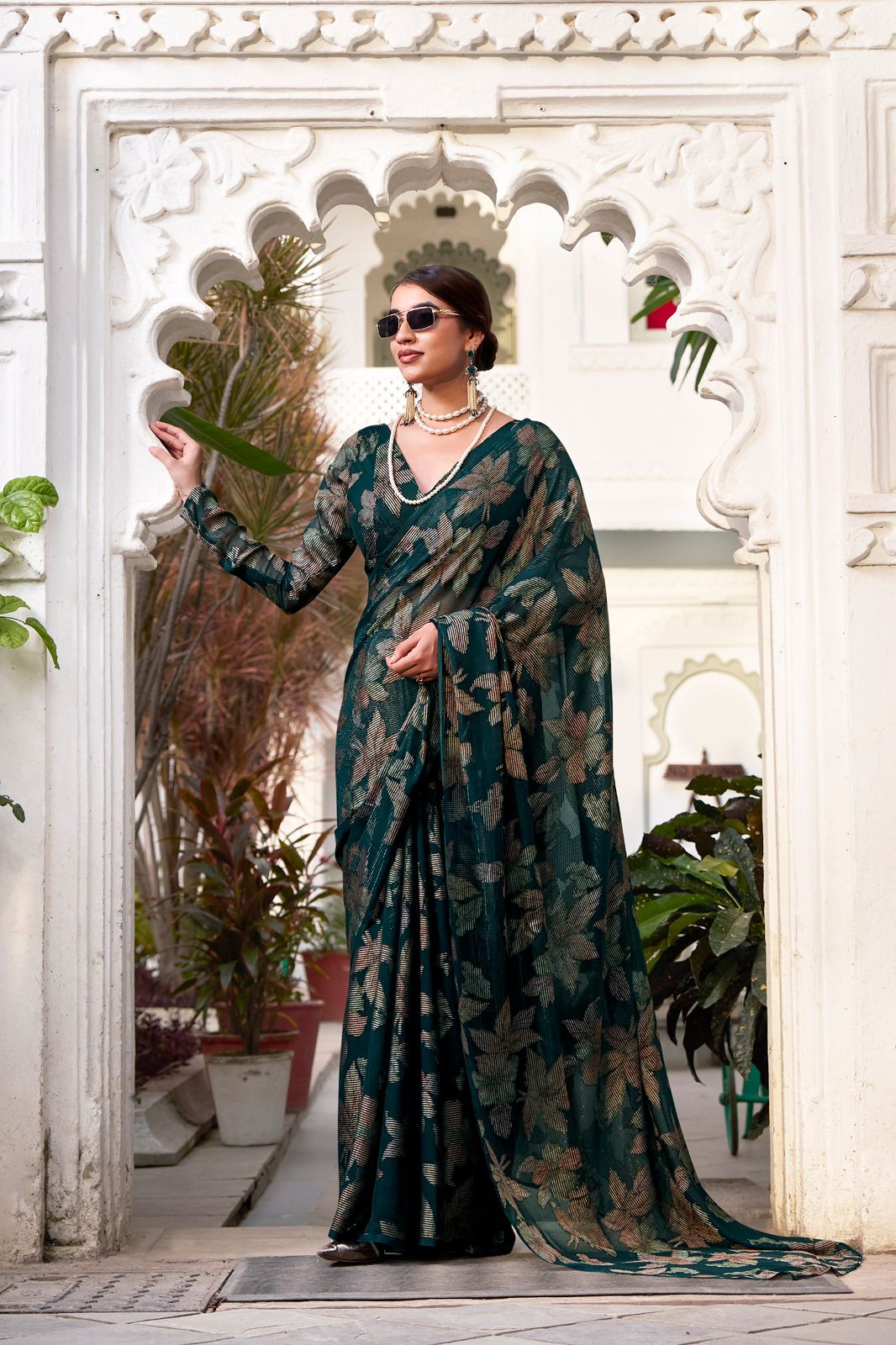 Navy Blue Faux Georgette Saree with Leaf Print & Stitched Blouse AllTreandy