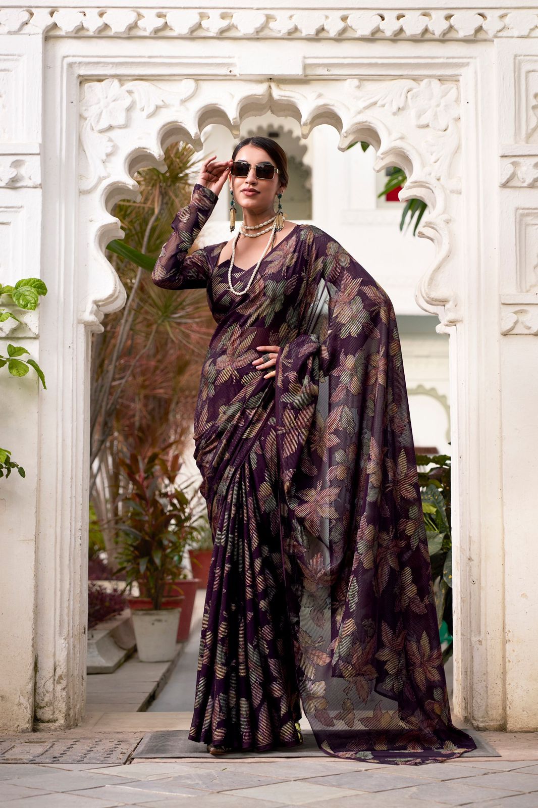 Navy Blue Faux Georgette Saree with Leaf Print & Stitched Blouse AllTreandy