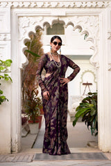 Navy Blue Faux Georgette Saree with Leaf Print & Stitched Blouse AllTreandy