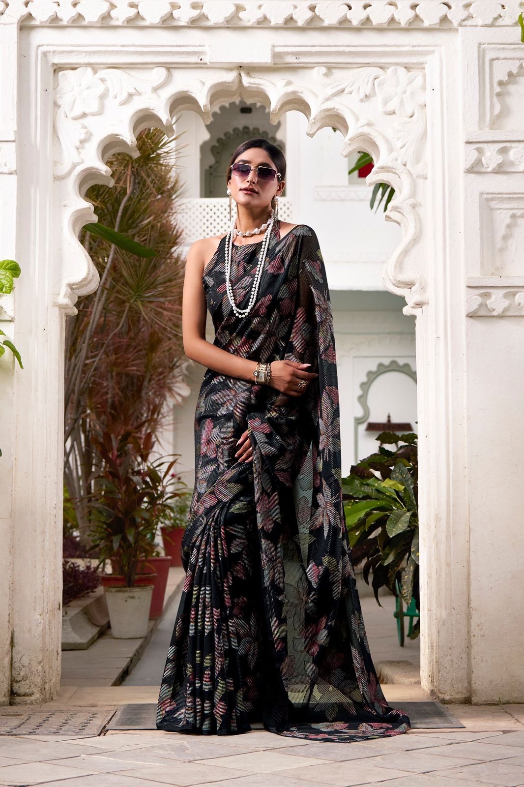 Navy Blue Faux Georgette Saree with Leaf Print & Stitched Blouse AllTreandy