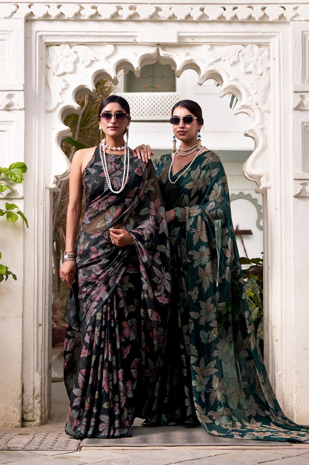 Navy Blue Faux Georgette Saree with Leaf Print & Stitched Blouse AllTreandy