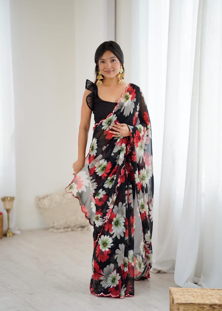 PRINTED SARI WITH MIRROR WORK