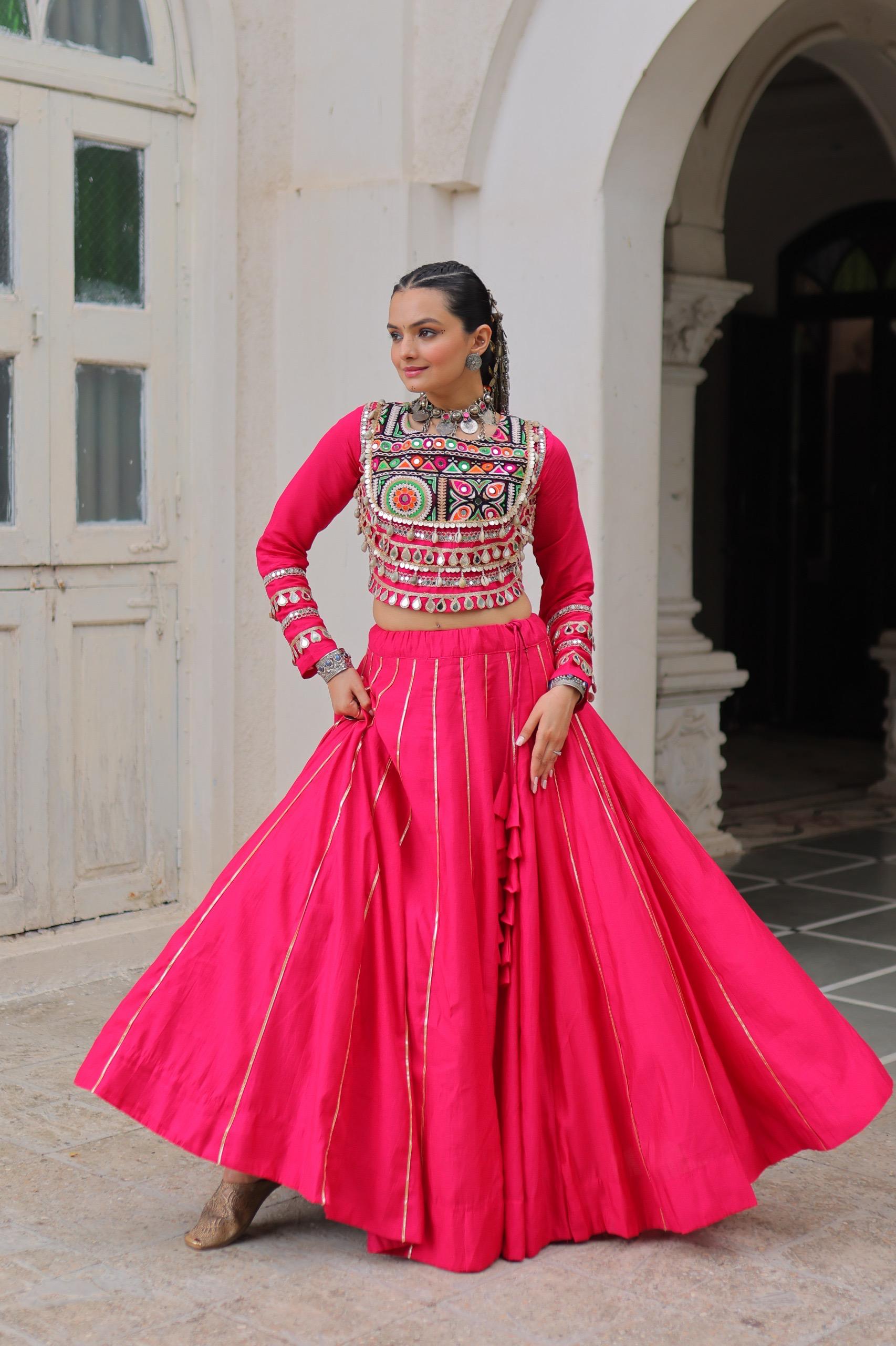 NEW ROMAN SILK TOP & LEHANGHA WITH BEAUTIFUL GHAMTHI EMBROIDERY WORK ON CHOLI