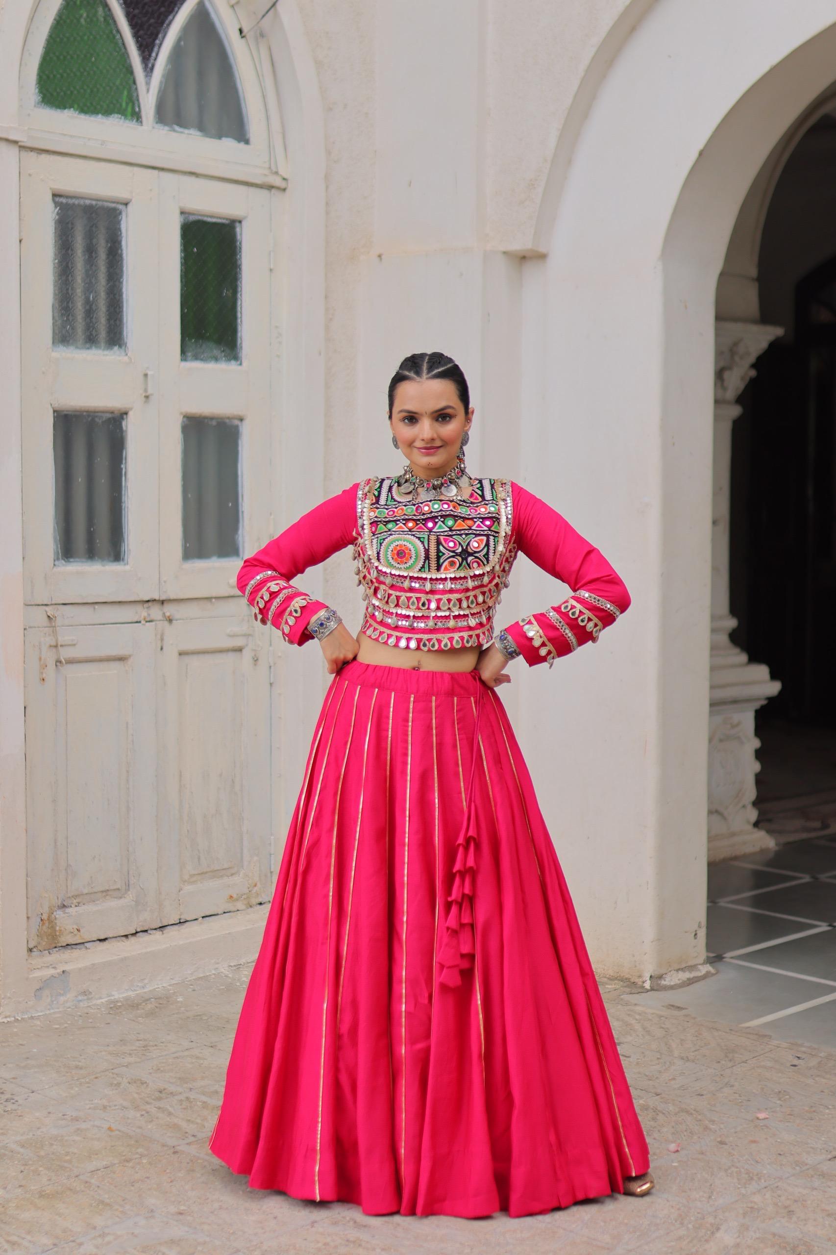 NEW ROMAN SILK TOP & LEHANGHA WITH BEAUTIFUL GHAMTHI EMBROIDERY WORK ON CHOLI
