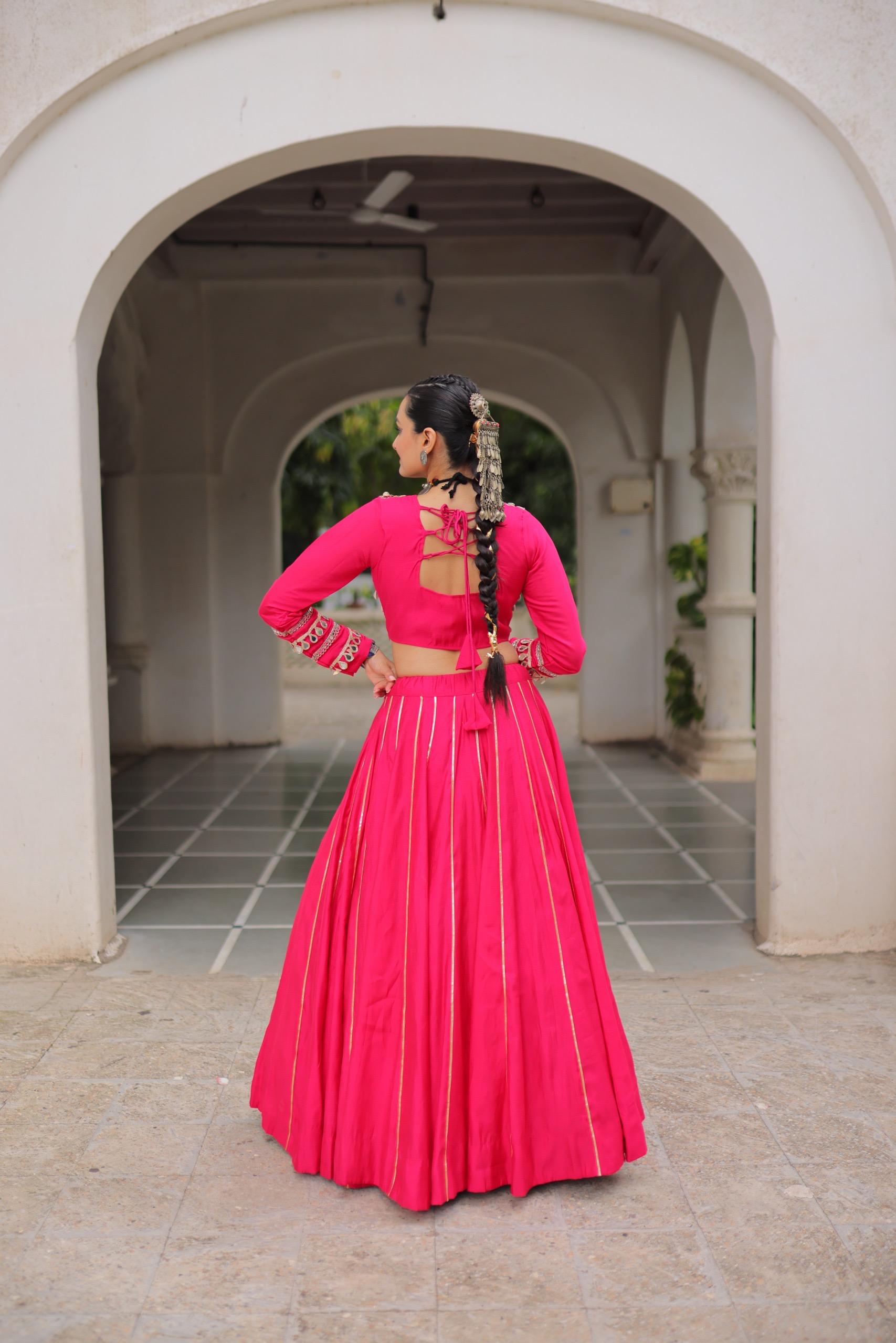 NEW ROMAN SILK TOP & LEHANGHA WITH BEAUTIFUL GHAMTHI EMBROIDERY WORK ON CHOLI